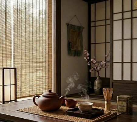 Không gian trà đạo truyền thống thanh tịnh với ấm trà đất nung, chén trà bốc khói nhẹ và logo Shanam ở góc trên bên phải.