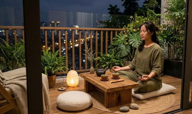 Một góc ban công trà đạo phòng khách hiện đại được decor thành không gian ngồi thiền uống trà tối giản