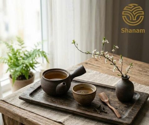 khay trà đạo gốm mộc mạc đặt trên khay gỗ, bên cạnh là một nhành hoa nhỏ cắm theo phong cách tối giản