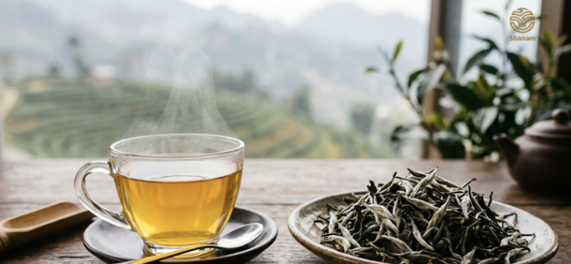 Thưởng thức tách trà ấm để tận dụng công dụng trà Shan Tuyết giảm cân.