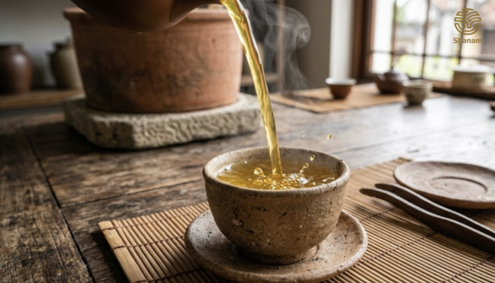 Chén trà sống dược đun lên vàng óng